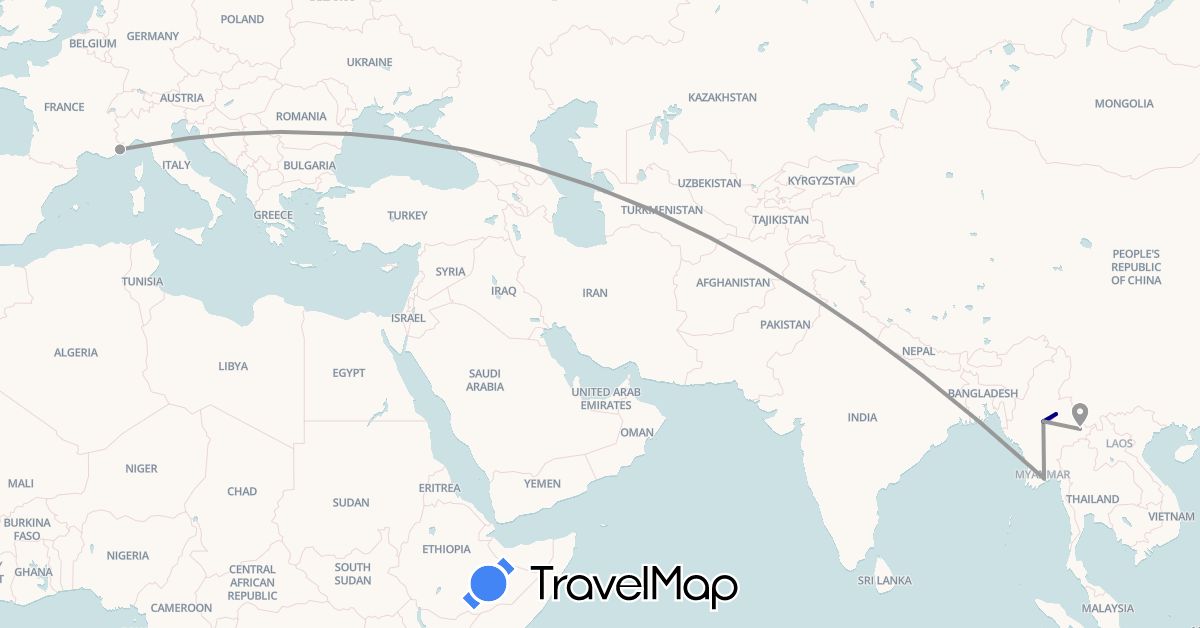 TravelMap itinerary: driving, plane, train in France, Myanmar (Burma) (Asia, Europe)